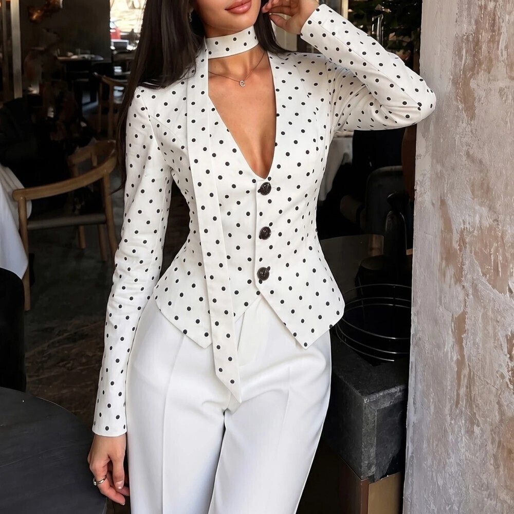 Black / White Polka Dot Choker Neck Button Front Fitted Blazer